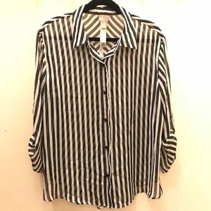 Black/White Striped Sheer Blouse 3/4 Sleeve